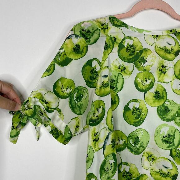 2/$30 ZARA Kiwi Print Blouse White Green Self Tie Cold Shoulder Sleeve S #6092 - Picture 7 of 16